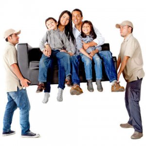 The condor moving worker lifting the sofa with family at Hurst, TX
