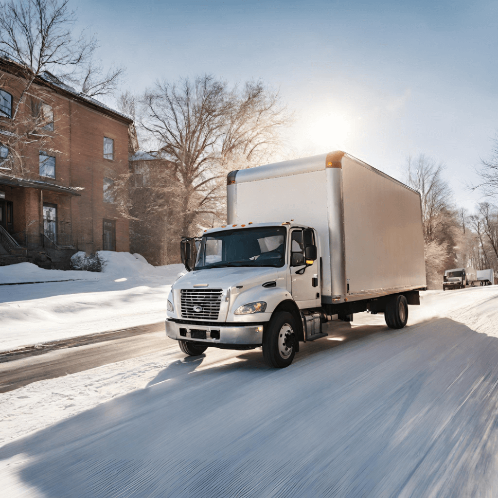 Picture of white moving truck in the snow. Condor Moving Systems, long-distance and local Texas mover.